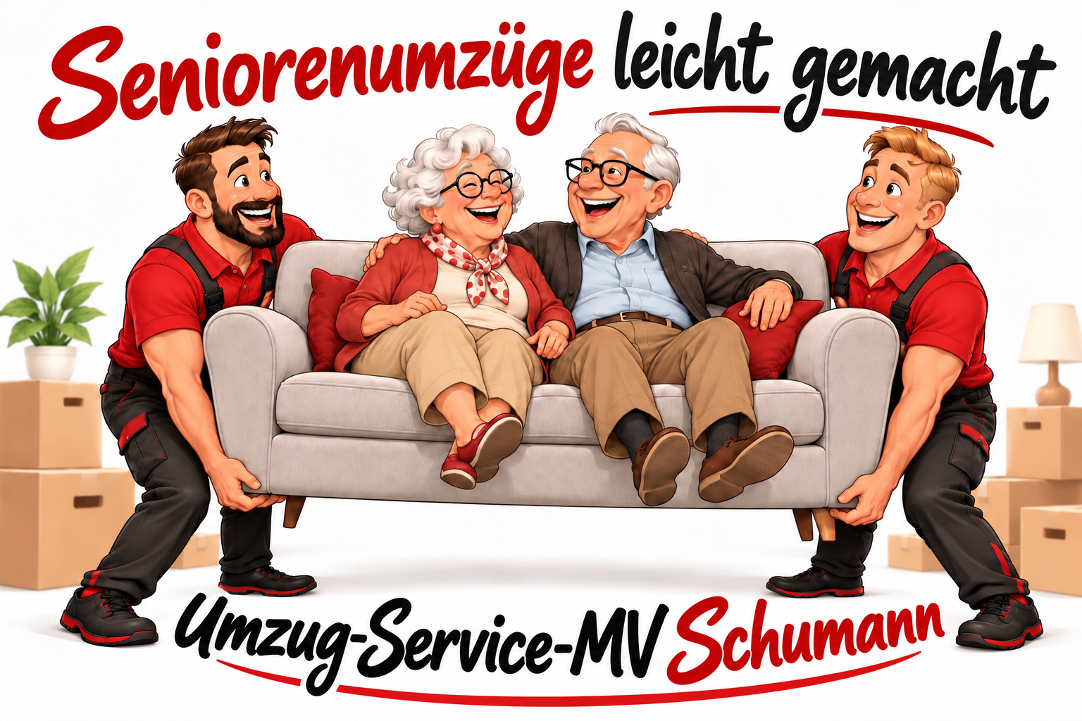 Seniorenumzüge leicht gemacht – Oma und Opa auf dem Sofa mit Umzugshelfern