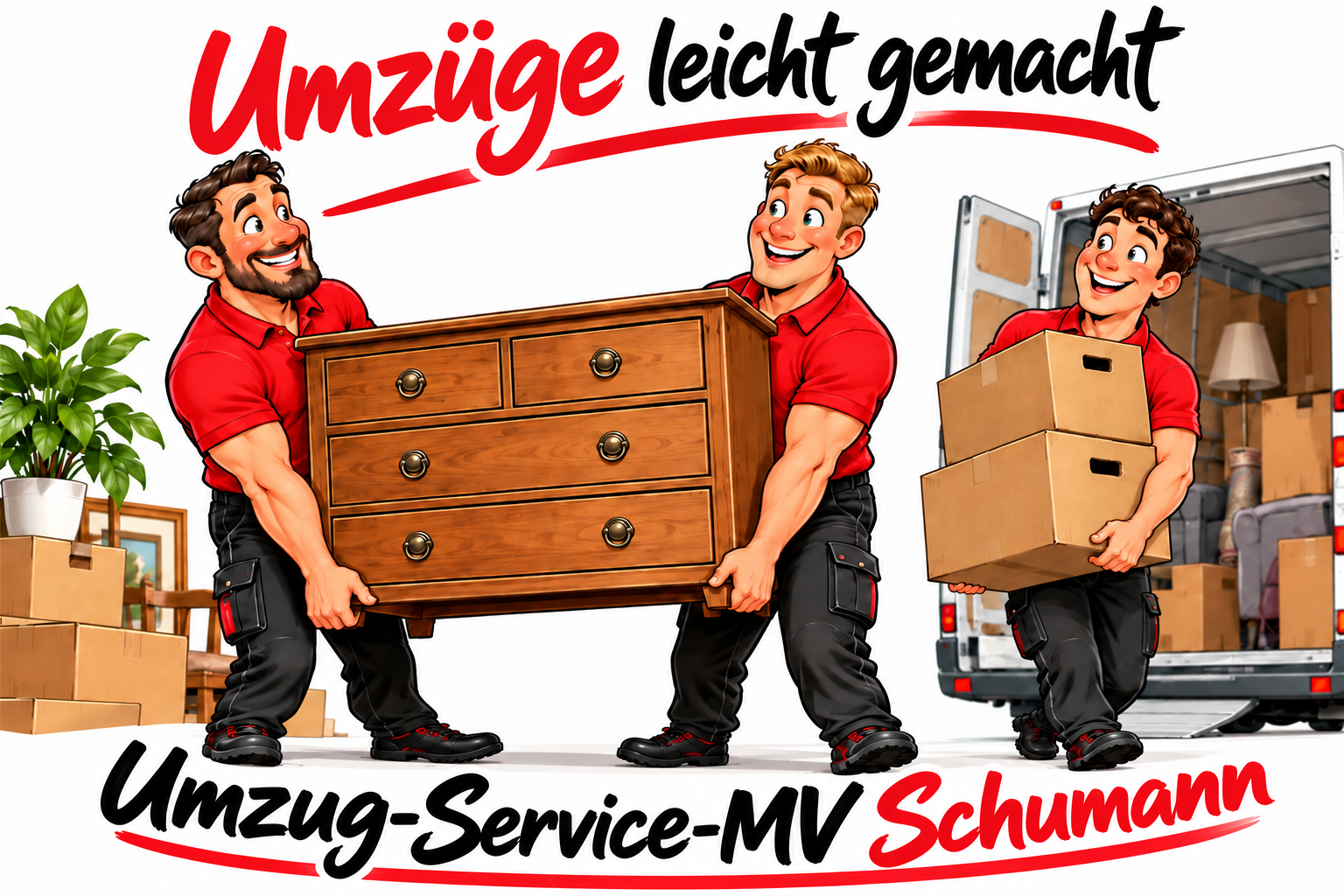 Karikatur: Umzüge leicht gemacht – Umzugshelfer tragen Möbel und Kartons